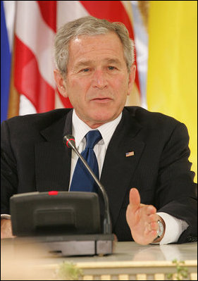 President George W. Bush responds to a reporter's question Tuesday, April 1, 2008, during a joint press availability with Ukraine's President Viktor Yushchenko at the Presidential Secretariat in Kyiv.