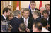 President George W. Bush confers with President Viktor Yushchenko of Ukraine, prior to the start of Friday's Summit Meeting of the NATO Ukraine Commission at the 2008 NATO Summit in Bucharest.