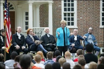 Lynne Cheney hosts Constitution Day 2004 "Telling America’s Story," with 200 third grade students from Fairfax County Public Schools at Gunston Hall Plantation, the historic home of George Mason, in Mason Neck, Va., Friday, Sept. 17, 2004. This year's Constitution Day highlights Founding Father George Mason, who did not sign the U.S. Constitution 217 years ago because it lacked a bill of rights.