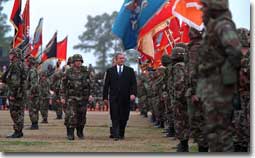 President George W. Bush inspects the troops at Ft. Stewart in Savannah, Georgia on Tuesday February 12, 2001. (WHITE HOUSE PHOTO BY PAUL MORSE)