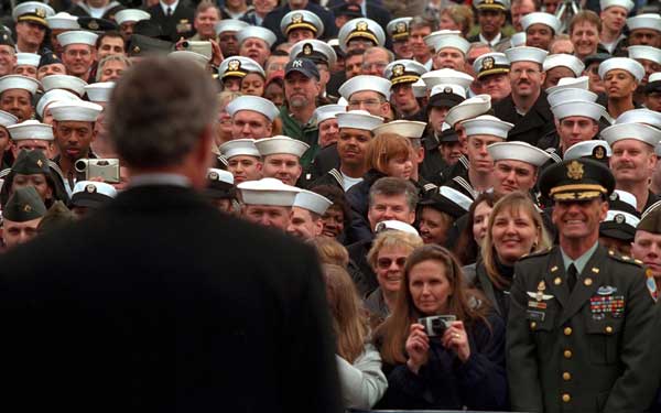 President George W. Bush speaks to sailors and other members of the military at NATO ACLANT headquarters at the Norfolk Naval Air Station on February 13, 2001
