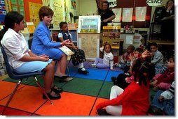 Laura Bush takes questions from students after reading wit them at Caesar Chavez Elementary School in Hyattsville, Maryland, Feb., 26, 2001.  