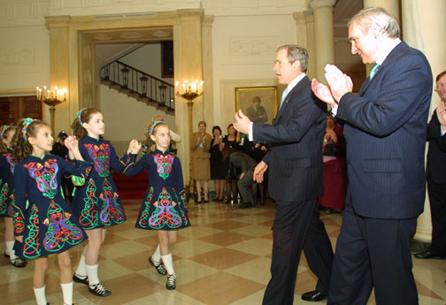 Children present a traditional Irish dance in the East Room for the President and the Prime Minister of Ireland.