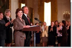 Laura Bush introduces President George W. Bush for his speech on Women Business Leaders in the East Room March 20, 2001.  White House photo by Paul Morse