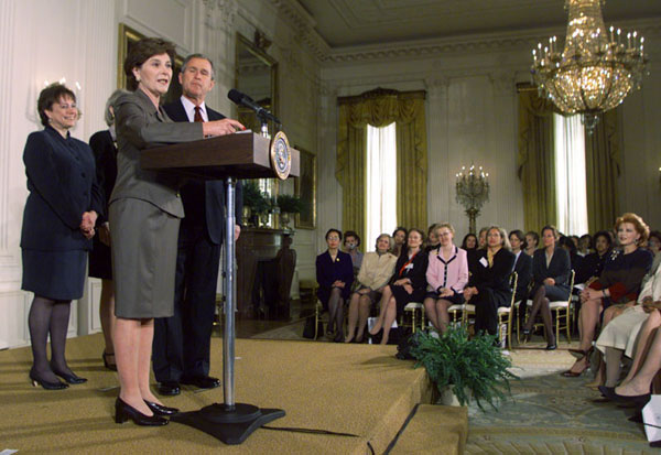 Laura Bush speaks to women business leaders in the East Room.