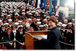 Laura Bush speaks about the Troops to Teachers initiative aboard the USS Shiloh in San Diego, Calif., March 23, 2001.  White House photo by Paul Morse