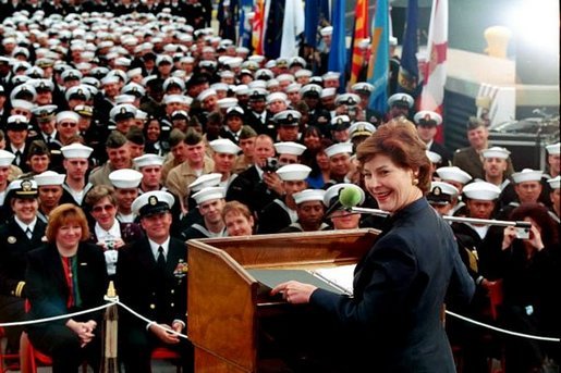 Laura Bush speaks about the Troops to Teachers initiative aboard the USS Shiloh in San Diego, Calif., March 23, 2001. White House photo by Paul Morse.
