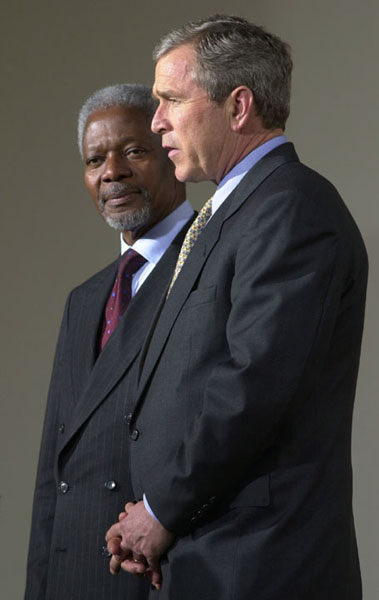 President Bush speaks before a meeting with United Nations Secretary General Kofi Annan outside the oval office March 23, 2001.