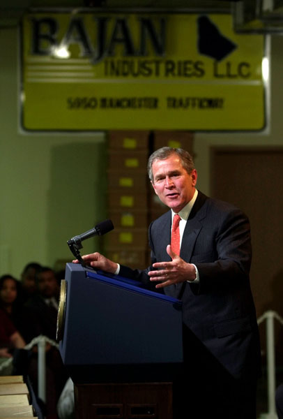 President George W. Bush speaks during an event at Bajan Industries in Kansas City, Monday, March 26, 2001. WHITE HOUSE PHOTO BY ERIC DRAPER