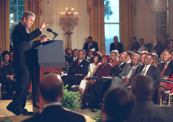 President George W. Bush address African American leaders during an event in The East Room, Thursday, March 29.