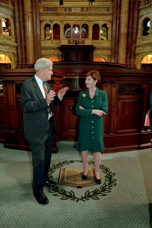 Laura Bush is given a tour of the reading room of the Library of Congress by Dr. James Billington Washington, D.C. April 3, 2001. White House photo by Eric Draper.