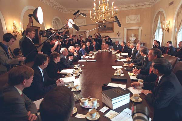 President Bush discusses the budget in the Cabinet Room with his Cabinet.
