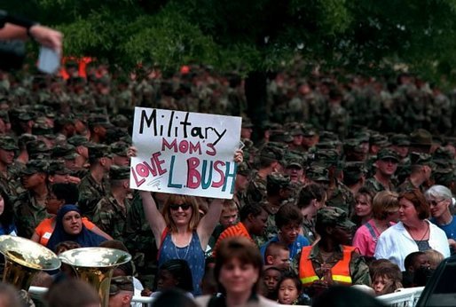 Crowds welcome Mrs. Bush to Fort Jackson, South Carolina for a Troops to Teachers rally May 8, 2001. White House photo by Paul Morse.