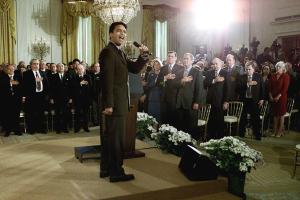 Jon Secada sings the American National Anthem during Cuban Independence Day at the White House Friday, May 18. WHITE HOUSE PHOTO BY PAUL MORSE