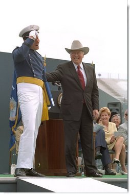 Donning his own style of graduation cap, Vice President Cheney participates in the U.S. Air Force Academy Commencement ceremonies at Falcon Stadium in Colorado Springs, CO May 30, 2001.  White House photo by David Bohrer