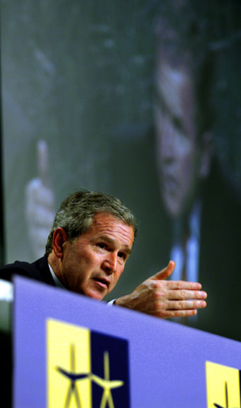 President George W. Bush talks about his meetings with Swedish Prime Minister Goran Person and European Union Commission President Romano Prodi Goteborg, Sweden at a press conference on Wednesday June 14, 2001. WHITE HOUSE PHOTO BY PAUL MORSE