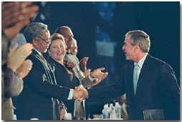 President George W. Bush shakes hands with a row of U.S. mayors including Philadelphia Mayor John F. Street after speaking at the 69th Conference of Mayors in Detroit, Michigan, Monday, June 25, 2001. White House photo by Eric Draper.