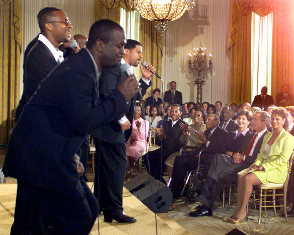 Take 6 performs for President George W. Bush and First Lady Laura Bush during a Black Music Month celebration in the East Room of the White House on June 30, 2001. WHITE HOUSE PHOTO BY PAUL MORSE