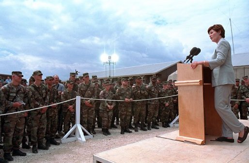 Laura Bush attends the Dedication of the Laura Bush Center for Education at Camp Bondsteel July 24, 2001 in Kosovo, Federal Republic of Yugoslavia. White House photo by Moreen Ishikawa.