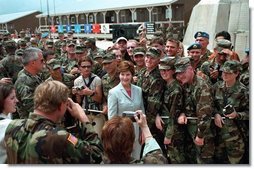 Laura Bush attends the Dedication of the Laura Bush Center for Education at Camp Bondsteel July 24, 2001 in Kosovo, Federal Republic of Yugoslavia.  White House photo by Moreen Ishikawa