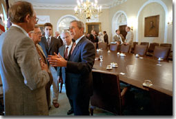 President Bush discusses the patients' bill of right legislation with members of Congress in the Cabinet Room at the White House July 25, 2001. White House photo by Eric Draper.