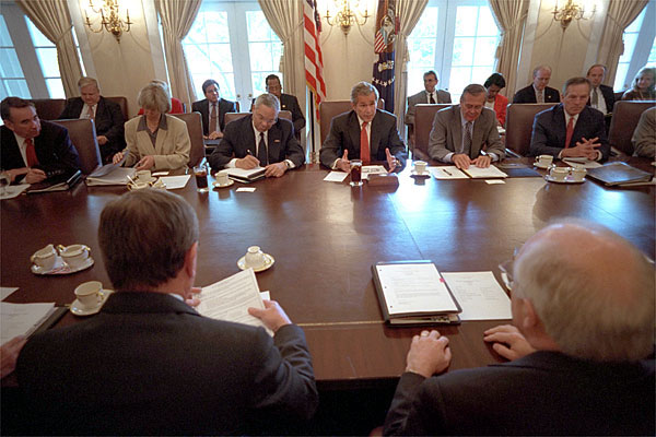 President Bush meets with his cabinet members at the White House August 3, 2001. After their session, the cabinet stood by him in the Rose Garden as he addressed the media and outlined the successes of the administration's first six months. White House photo by Eric Draper.