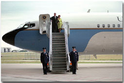 "It will carry no more presidents, but it will carry forever the spirit of American democracy," said President Bush during a retirement ceremony for the jet that flew as Air Force One for more than a million miles on 444 missions. Entered into service during the Nixon administration, the plane flew its final mission, carrying President Bush and First Lady Mrs. Bush to the ceremony at Texas State Technical College in Waco, Texas, Aug. 29. It may not be a show down at high noon, but a few good-natured shots are fired as President bush gives the press pool a tour of his ranch at Crawford, Texas, Aug. 25.