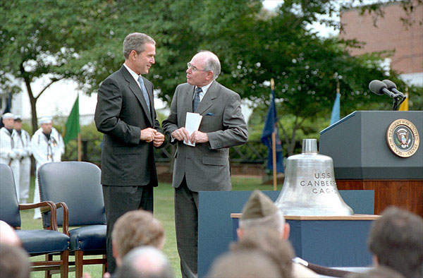 Stories were exchanged and as President Bush presented Australian Prime Minister Howard with the bell from the U.S.S. Canberra at a ceremony commemorating 50 years of military alliance. "The President had received word of an exceptional action in battle by the Australian Navy, which were steaming alongside American vessels at Guadalcanal. His Majesty's Australian ship Canberra did not survive the battle, disappearing into the depths where she rests today," explained the President. White House photo by Tina Hager.