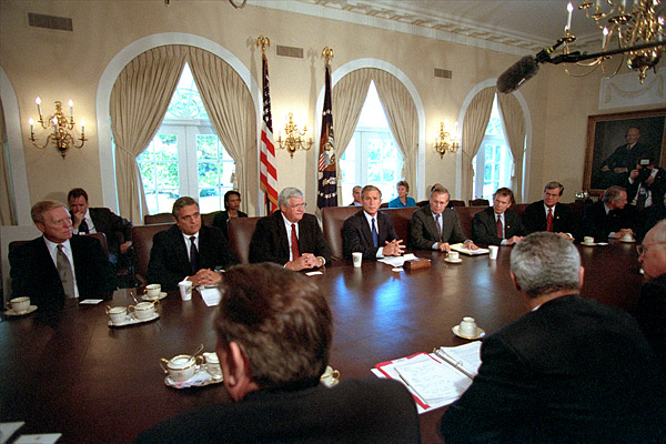 President Bush holds a joint congressional leadership meeting to discuss the American response to the previous day's terrorist attacks Sept. 12. White House photo by Tina Hager.