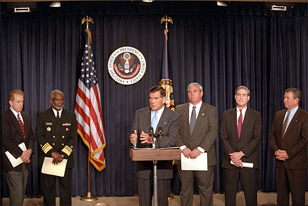 Director of the Office of Homeland Security Tom Ridge holds a press conference in the Dwight D. Eisenhower Office Building Oct. 18. White House photo by Tina Hager.