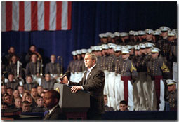 President George W. Bush speaks at The Citadel in Charleston, South Carolina, Dec. 11, 2001. "When I committed U.S. forces to this battle, I had every confidence that they would be up to the task," said the President in his address to the military cadets. "And they have proven me right." White House photo by Tina Hager.