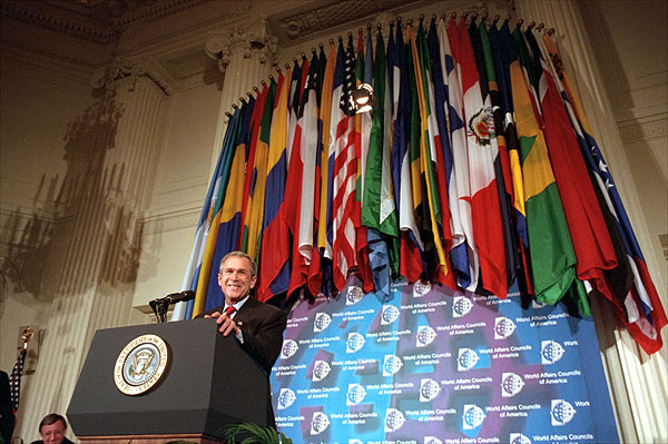 "Free markets and open trade are the best weapons against poverty, disease and tyranny," said President George W. Bush speaking about a pursuing a free trade agreement with all the countries of Central America at the World Affairs Council National Conference held at the Organization of American States in Washington, D. C., Jan. 16. White House photo by Paul Morse.