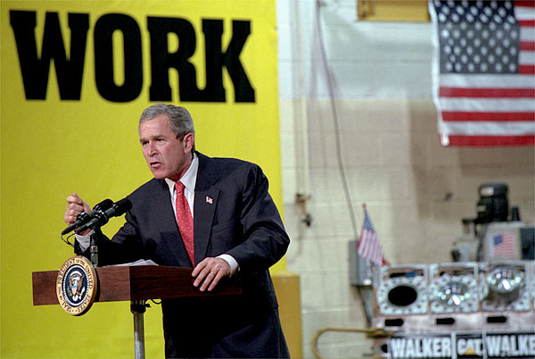 President George W. Bush addresses employees and media at Cecil I. Walker Machinery Co. in Charleston, WV, Jan. 22. White House photo by Tina Hager.