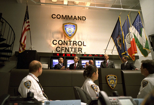 President George W. Bush visits the New York City Command and Control Center Feb. 6, 2002. "It is important that New York City be vibrant and strong," said the President during his visit. "It's important when people not only here at home, but around the world, look at this fantastic city, they see economic vitality and growth. I'm confident we can recover together." White House photo by Eric Draper.