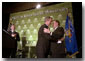 President George W. Bush embraces Secretary of Health and Human Services and former Wisconsin Governor Tommy Thompson after speaking about healthcare reform issues at the Medical College of Wisconsin in Milwaukee, Wis., February 11, 2002. Wisconsin's current governor Scott McCallum is also pictured. White House photo by Paul Morse