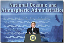 President George W. Bush speaks during a visit to the National Oceanic and Atmospheric Administration Feb. 14. "America and the world share this common goal: we must foster economic growth in ways that protect our environment," said the President as he announced new initiatives to foster economic growth while protecting the environment. White House photo by Paul Morse.