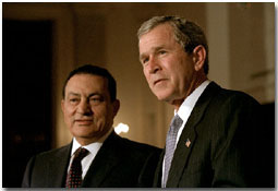 President George W. Bush and Egyptian President Mohammed Hosni Mubarak address the media in Cross Hall at the White House March 5. 