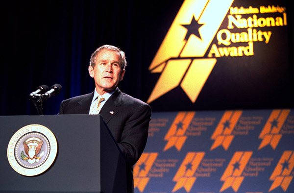 The President outlines his plans to improve corporate responsibility during the Malcolm Baldrige Quality Award ceremonies at the Washington Hilton, Thursday, March 7, 2002. White House photo by Tina Hager.