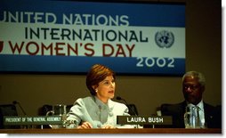Mrs. Bush spoke about the importance of helping Afghan women and children in a speech to the United Nations, March 8, 2002. White House photo by Susan Sterner.
