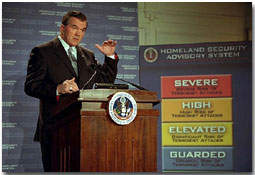 Director of Homeland Security Tom Ridge presents the Homeland Security Advisory System to the media at Constitution Hall in Washington, D.C, March 12. 