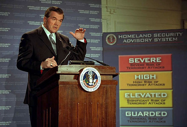 Director of Homeland Security Tom Ridge presents the Homeland Security Advisory System to the media at Constitution Hall in Washington, D.C, March 12. "The advisory system is based on five threat conditions or five different alerts: low, guarded, elevated, high and severe," said Director Ridge. ".it empowers government and citizens to take actions to address the threat." White House photo by Paul Morse.