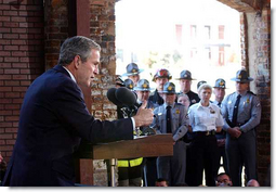President George W. Bush speaks during his visit with first responders, including rural police and fire officials, in Greenville, South Carolina, Wednesday, March 27. White House photo by Eric Draper.