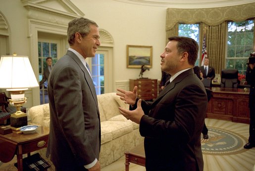 President George W. Bush meets with His Majesty King Abdullah of the Hashemite Kingdom of Jordan in the Oval Office Wednesday, May 8. 