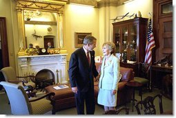 President George W. Bush talks privately with former First Lady Nancy Reagan before attending a ceremony in which Congress awarded her and former President Ronald Reagan with the Congressional Gold Medal at the United States Capitol Thursday, May 16. "At every step of an amazing life, Nancy Reagan has been at Ronald Reagan's side," said the President in his remarks. "Right by his side. As his optimism inspired us, her love and devotion strengthened him." White House photo by Tina Hager.