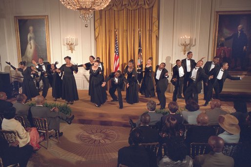 The Show Choir from the Duke Ellington School of the Arts performs for President George W. Bush at the Celebration of African American Music, History, and Culture in the East Room May 28. "The music and culture of Black Americans has brought great beauty into this world. Today it brings great pride to our country," said the President. White House photo by Eric Draper.
