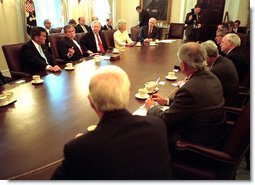 President Bush meets with bipartisan members of Congress to discuss the Department of Homeland Security Friday morning, June 7, 2002 in the Cabinet Room of the White House. White House photo by Eric Draper.