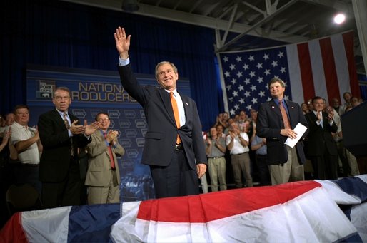 President George W. Bush addresses the World Pork Expo in Des Moines, Iowa, Friday, June 7, 2002. 