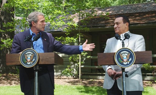 President George W. Bush speaks during a press conference with Egyptian President Hosni Mubarak after their meeting at Camp David, Saturday, June 8. President Bush said "We spent time talking about the Middle East and we share a common vision of two states living side by side in peace. And I appreciated so very much listening to his ideas as to how to achieve that objective." White House photo by Eric Draper.