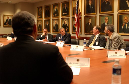President George W. Bush addresses medical liability reforms during a roundtable discussion at High Point University, Greensboro, N.C., Thursday, July 25. 