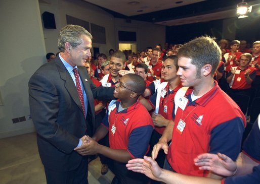 President George W. Bush visits with high school participants in the American Legion Boys and Girls Nation at the Dwight D. Eisenhowser Executive Office Building near the White House July 27, 2002. White House photo by Tina Hager.